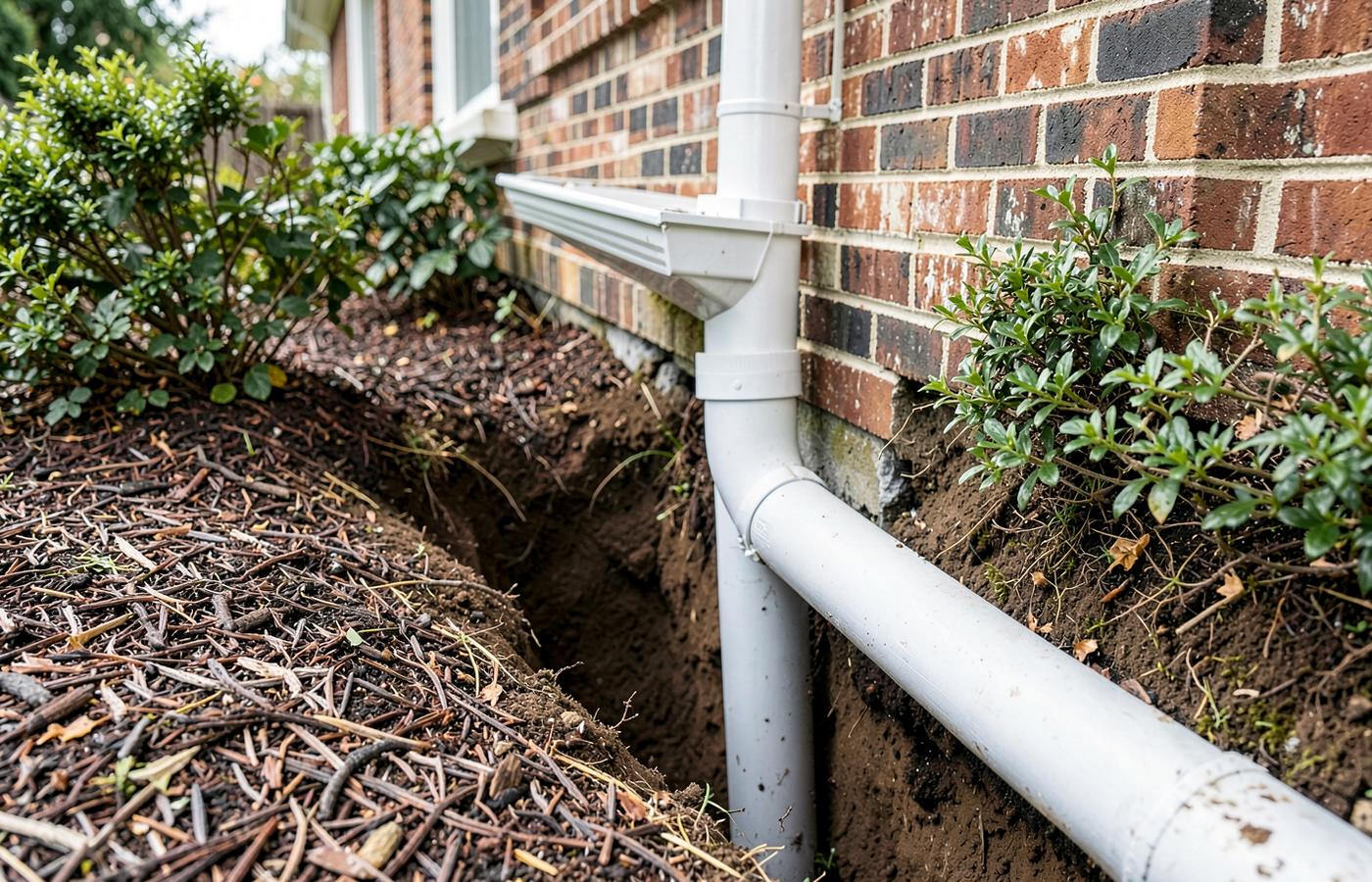 Downspout connected into a solid underground drainage pipe in an open trench beside a brick home foundation