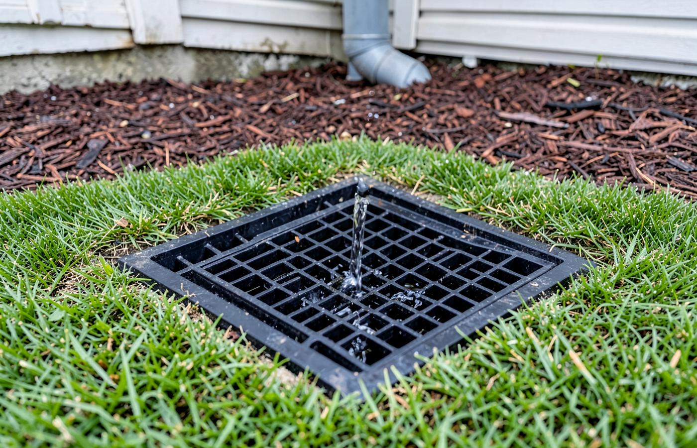Black catch basin grate set flush in a lawn taking water from a downspout beside a house