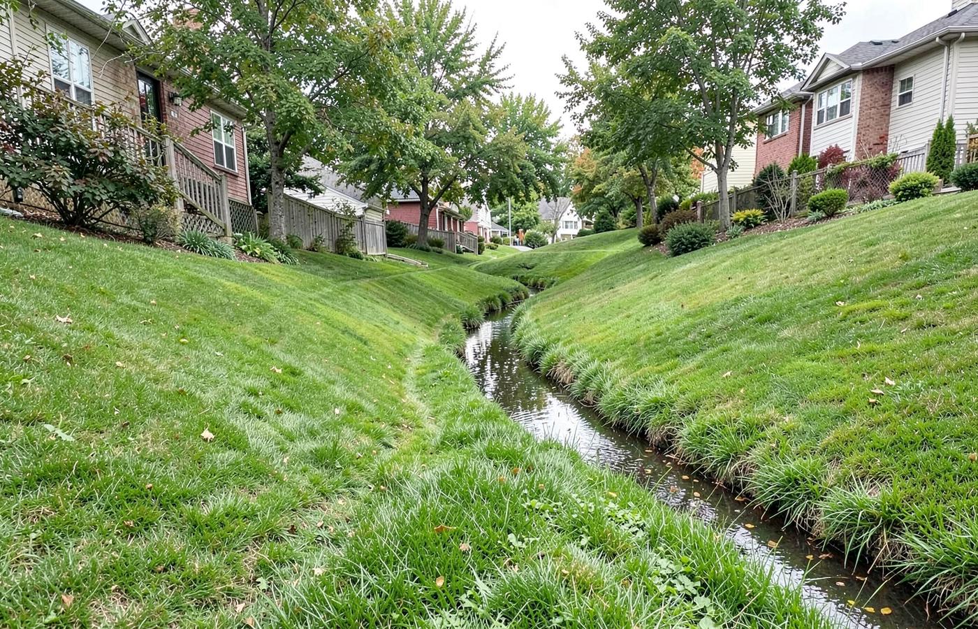 Grassed drainage swale carrying water downhill between two suburban backyards