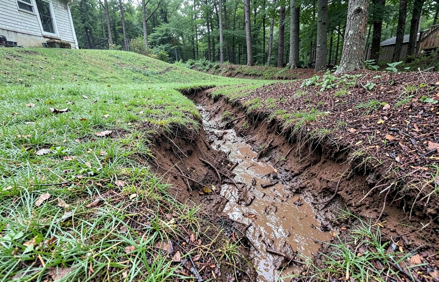 Erosion channel cut across a sloped, wooded residential backyard typical of Midlothian, Virginia