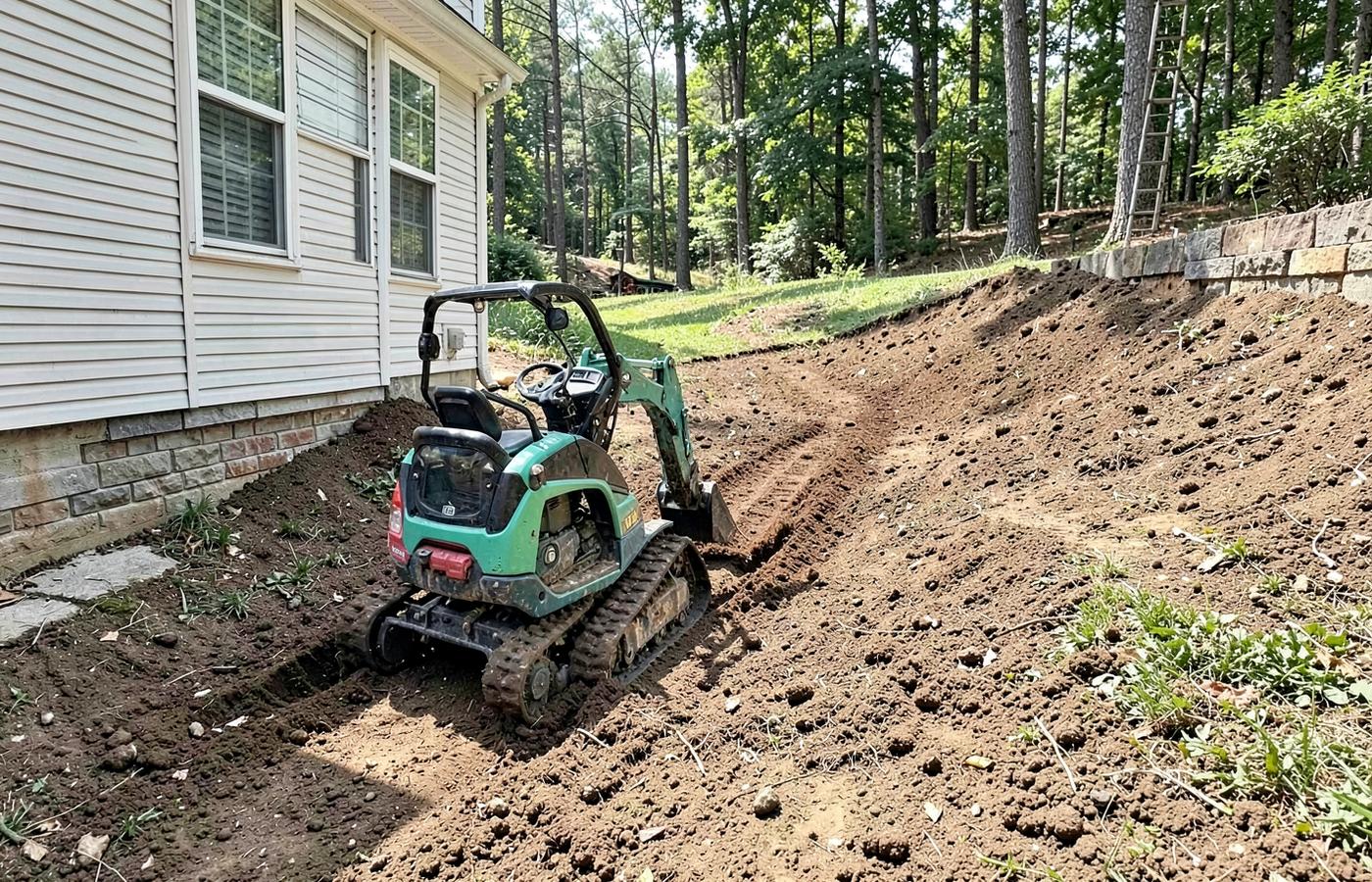 Compact track loader regrading soil on a sloped backyard beside a house foundation
